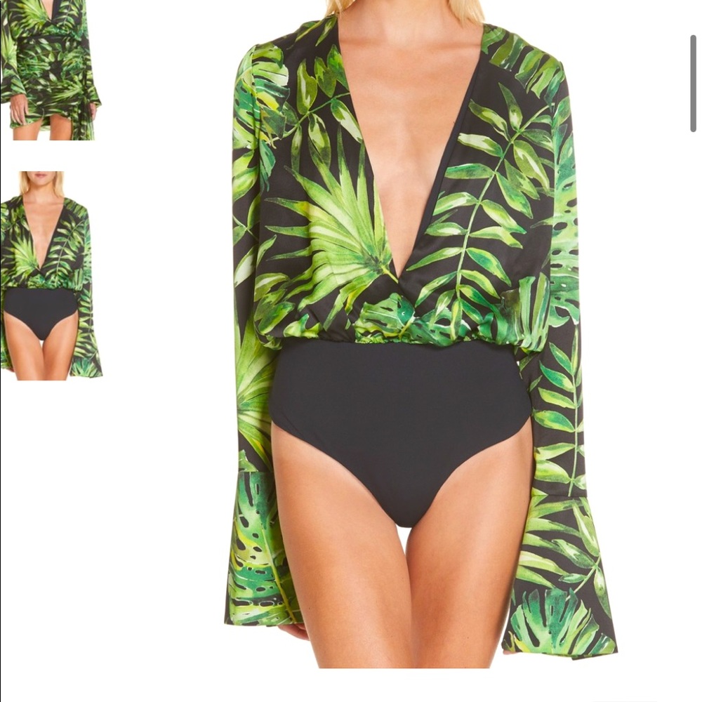 Caroline Constas Leaf Print Bodysuit